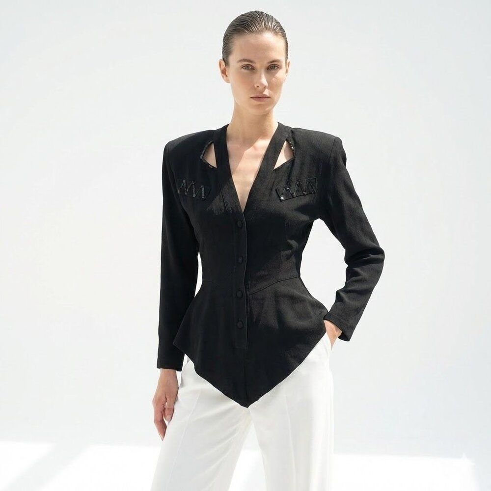 Vintage 80s Black Crepe Blazer Cutout Sequin Peplum Tuxedo Tail Goth New Wave S